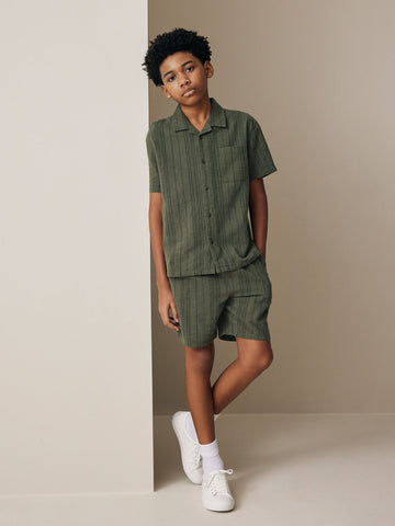 Khaki Green Short Sleeve Textured Shirt and Shorts Set (3-16yrs)