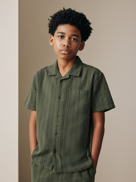 Khaki Green Short Sleeve Textured Shirt and Shorts Set (3-16yrs)