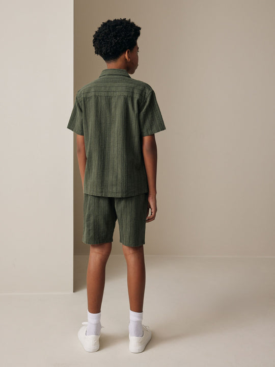 Khaki Green Short Sleeve Textured Shirt and Shorts Set (3-16yrs)