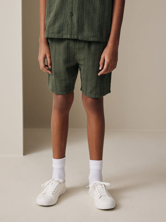 Khaki Green Short Sleeve Textured Shirt and Shorts Set (3-16yrs)