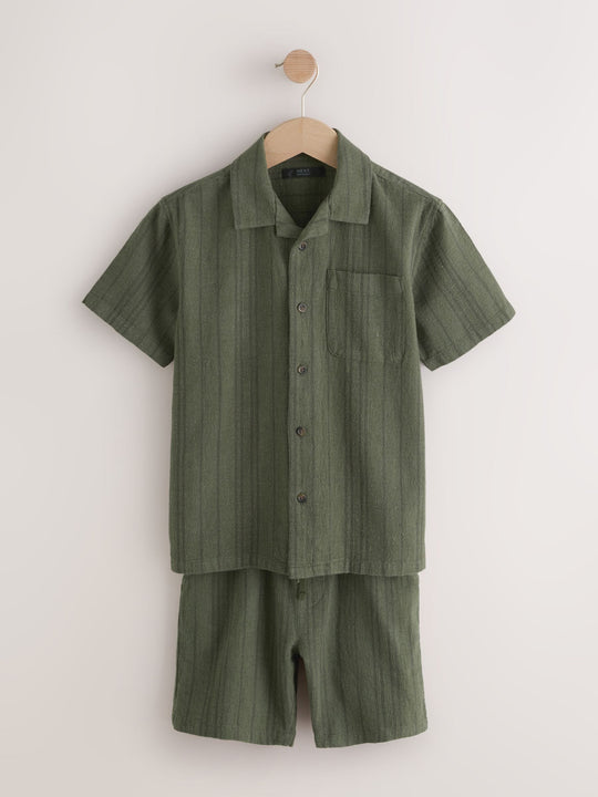 Khaki Green Short Sleeve Textured Shirt and Shorts Set (3-16yrs)