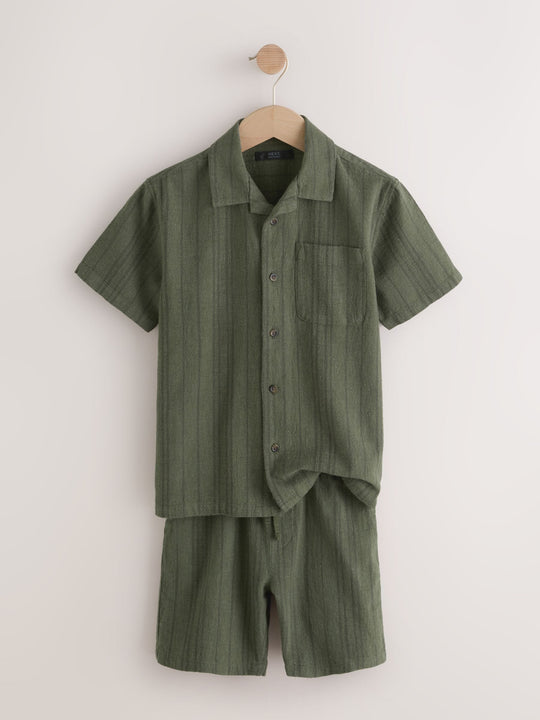 Khaki Green Short Sleeve Textured Shirt and Shorts Set (3-16yrs)