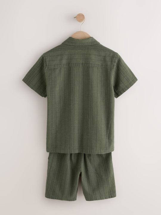Khaki Green Short Sleeve Textured Shirt and Shorts Set (3-16yrs)