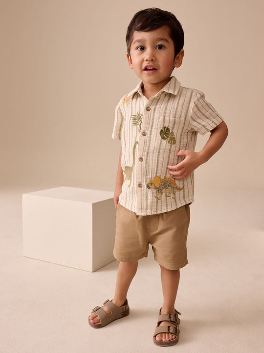 Ecru Striped Dino Short Sleeve Shirt (3mths-7yrs)
