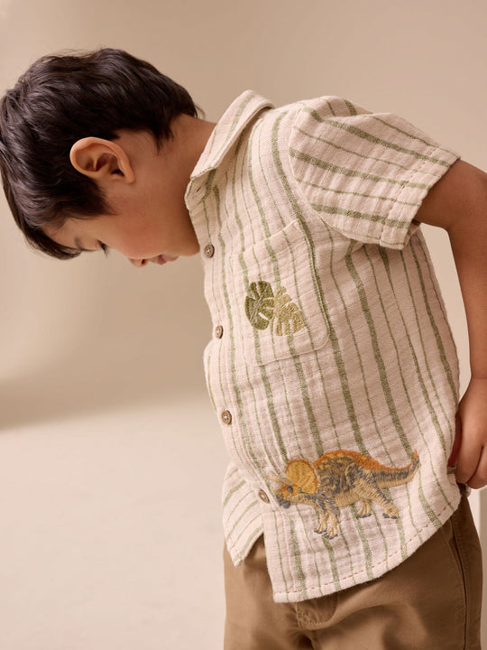 Ecru Striped Dino Short Sleeve Shirt (3mths-7yrs)