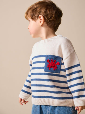 Ecru/Navy Blue Crab Character Knitted Crew Neck Jumper (3mths-7yrs)