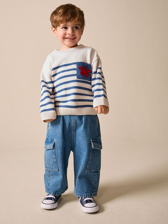 Ecru/Navy Blue Crab Character Knitted Crew Neck Jumper (3mths-7yrs)