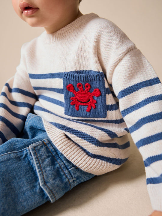 Ecru/Navy Blue Crab Character Knitted Crew Neck Jumper (3mths-7yrs)