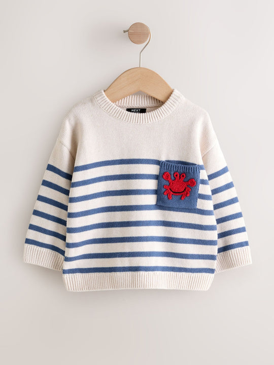 Ecru/Navy Blue Crab Character Knitted Crew Neck Jumper (3mths-7yrs)