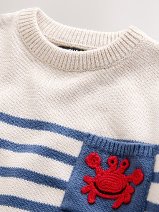 Ecru/Navy Blue Crab Character Knitted Crew Neck Jumper (3mths-7yrs)