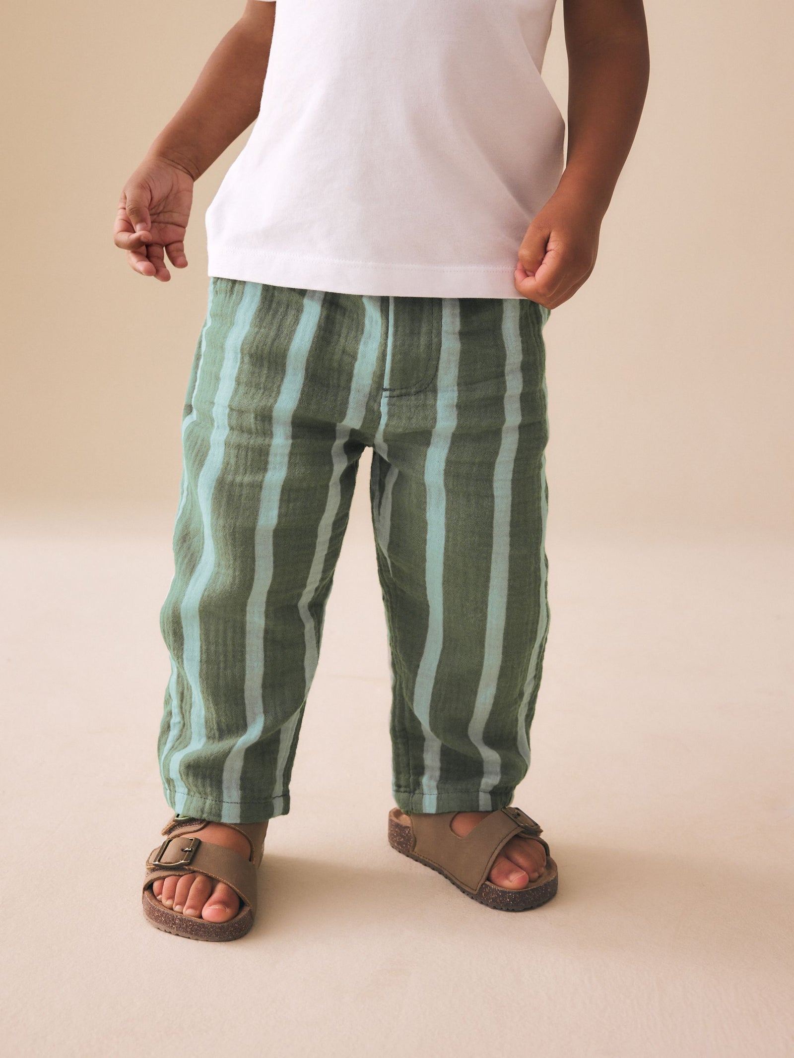 Sage Green Striped Soft Textured Pull On Trousers (3mths-7yrs)