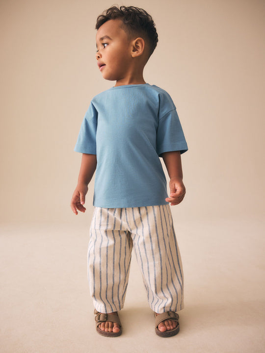 Blue/Ecru Wide Fit Linen Blend Pull on Trousers (3mths-7yrs)