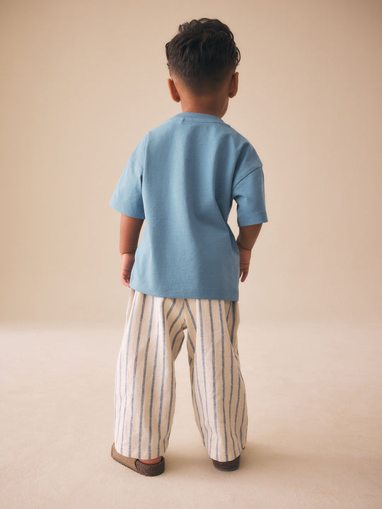 Blue/Ecru Wide Fit Linen Blend Pull on Trousers (3mths-7yrs)