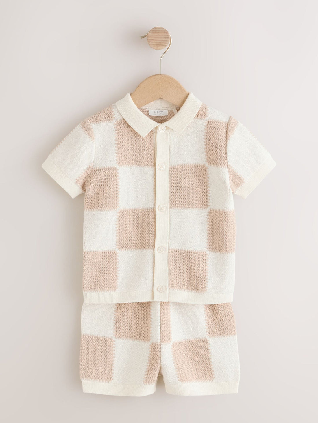 Neutral Checkerboard Knitted Polo Shirt and Shorts Set (3mths-10yrs)