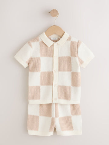 Neutral Checkerboard Knitted Polo Shirt and Shorts Set (3mths-10yrs)