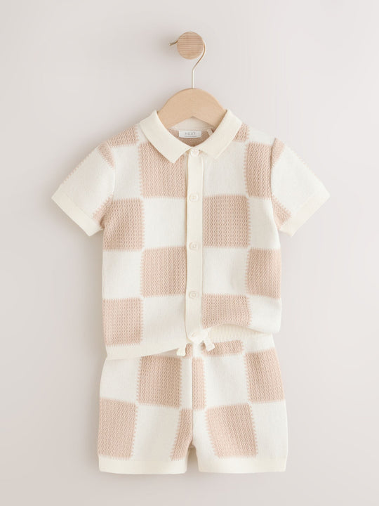 Neutral Checkerboard Knitted Polo Shirt and Shorts Set (3mths-10yrs)