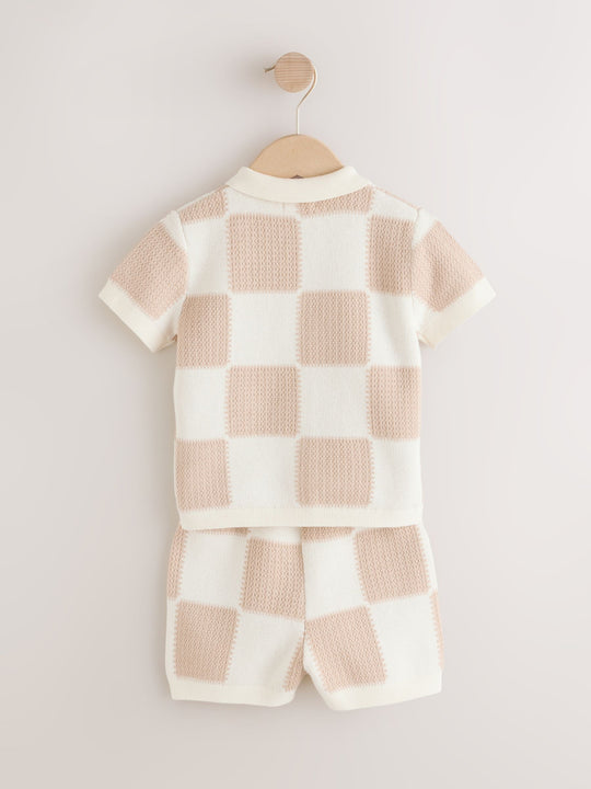 Neutral Checkerboard Knitted Polo Shirt and Shorts Set (3mths-10yrs)