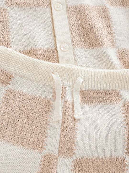 Neutral Checkerboard Knitted Polo Shirt and Shorts Set (3mths-10yrs)