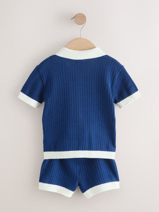 Navy Blue Knitted Polo Shirt and Shorts Set (3mths-10yrs)