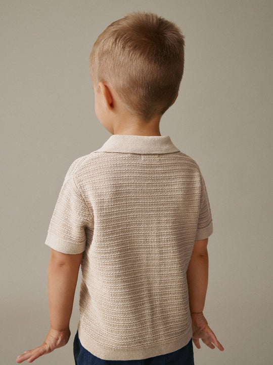 Neutral Revere Collar Short Sleeve Knitted Polo Shirt (3mths-7yrs)