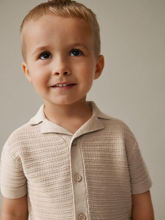 Neutral Revere Collar Short Sleeve Knitted Polo Shirt (3mths-7yrs)