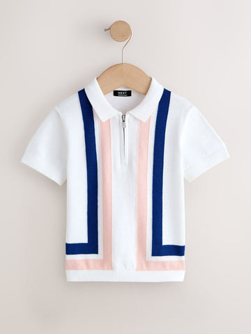 White 100% Cotton Knitted Zip Neck Polo Shirt (3mths-7yrs)
