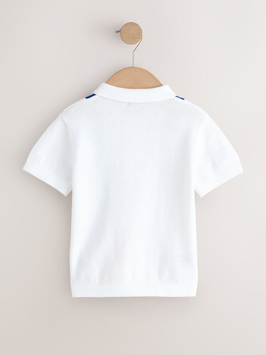 White 100% Cotton Knitted Zip Neck Polo Shirt (3mths-7yrs)