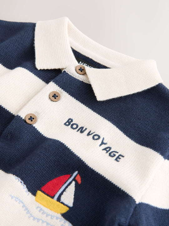 Striped Character Button Neck Knitted Polo Shirt (3mths-7yrs)
