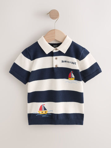Striped Character Button Neck Knitted Polo Shirt (3mths-7yrs)