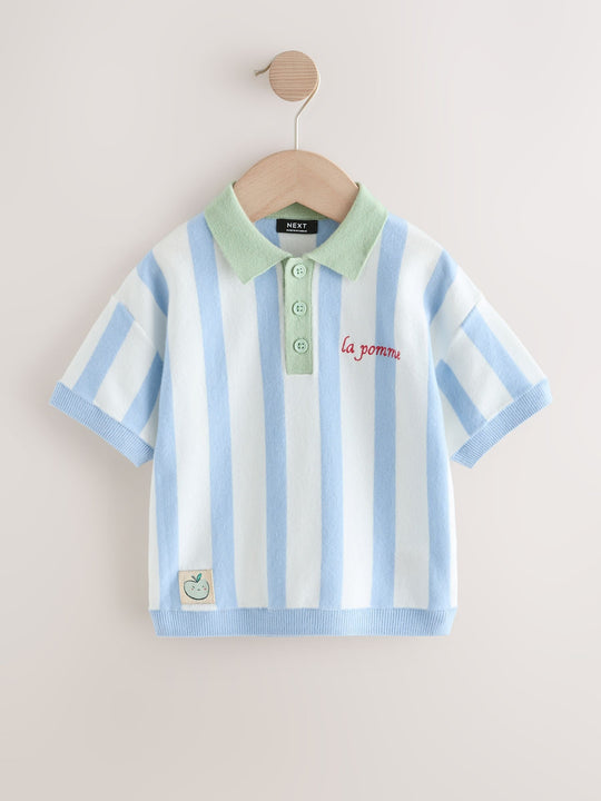 Blue Character Button Neck Knitted Polo Shirt (3mths-7yrs)