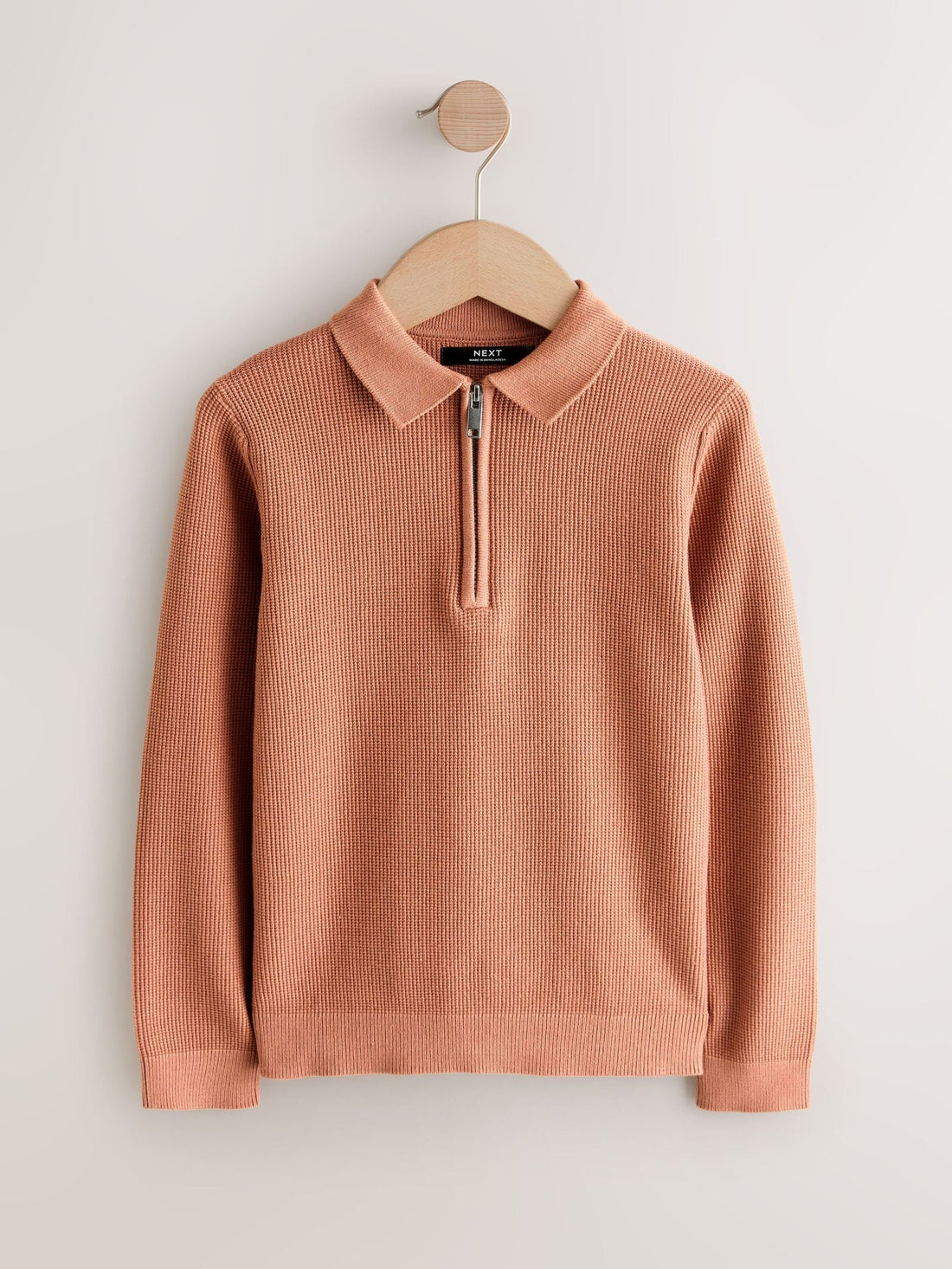 Rust Brown Long Sleeve Zip Neck Knitted Polo Shirt (3-16yrs)
