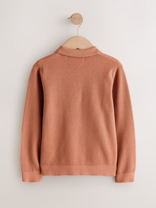 Rust Brown Long Sleeve Zip Neck Knitted Polo Shirt (3-16yrs)