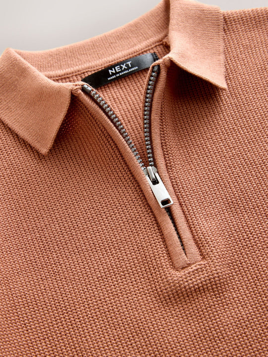 Rust Brown Long Sleeve Zip Neck Knitted Polo Shirt (3-16yrs)