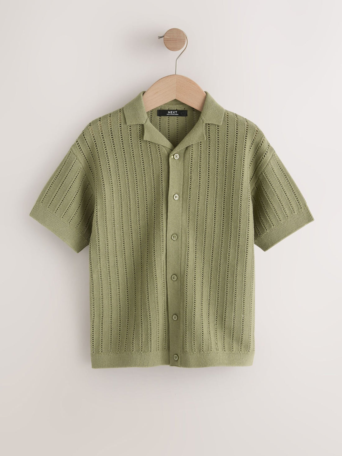 Khaki Green Textured Revere Collar Knitted Polo Shirt (3-16yrs)