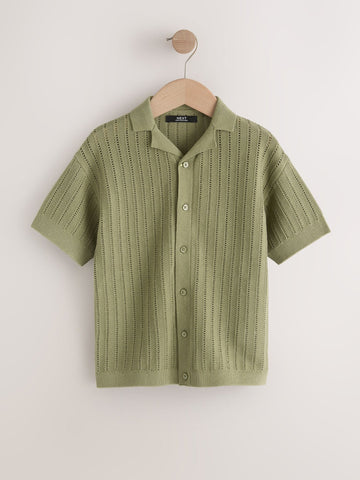 Khaki Green Textured Revere Collar Knitted Polo Shirt (3-16yrs)
