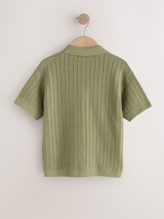 Khaki Green Textured Revere Collar Knitted Polo Shirt (3-16yrs)