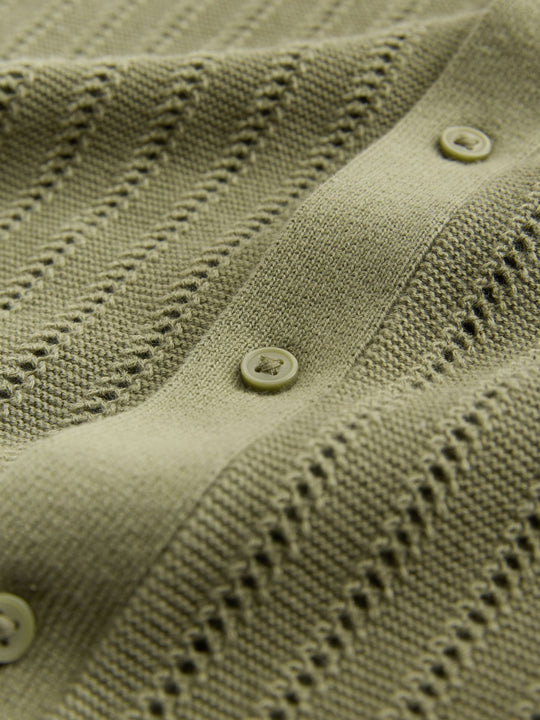 Khaki Green Textured Revere Collar Knitted Polo Shirt (3-16yrs)