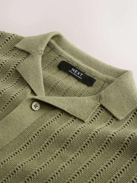Khaki Green Textured Revere Collar Knitted Polo Shirt (3-16yrs)