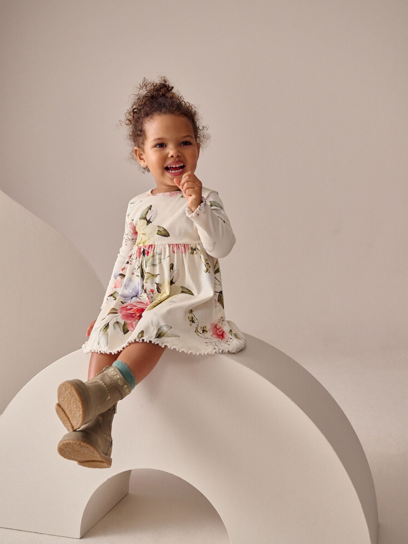 Cream Floral Long Sleeve Ribbed Dress (3mths-7yrs)