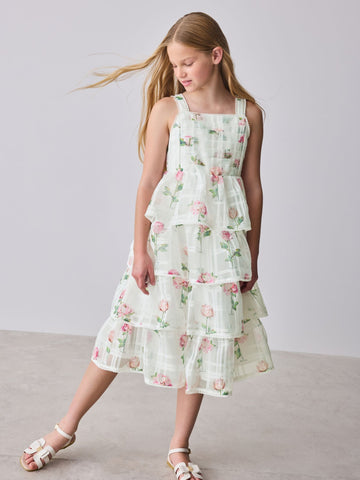 Baker by Ted Baker Burnout Organza Floral Tiered Midi White Dress