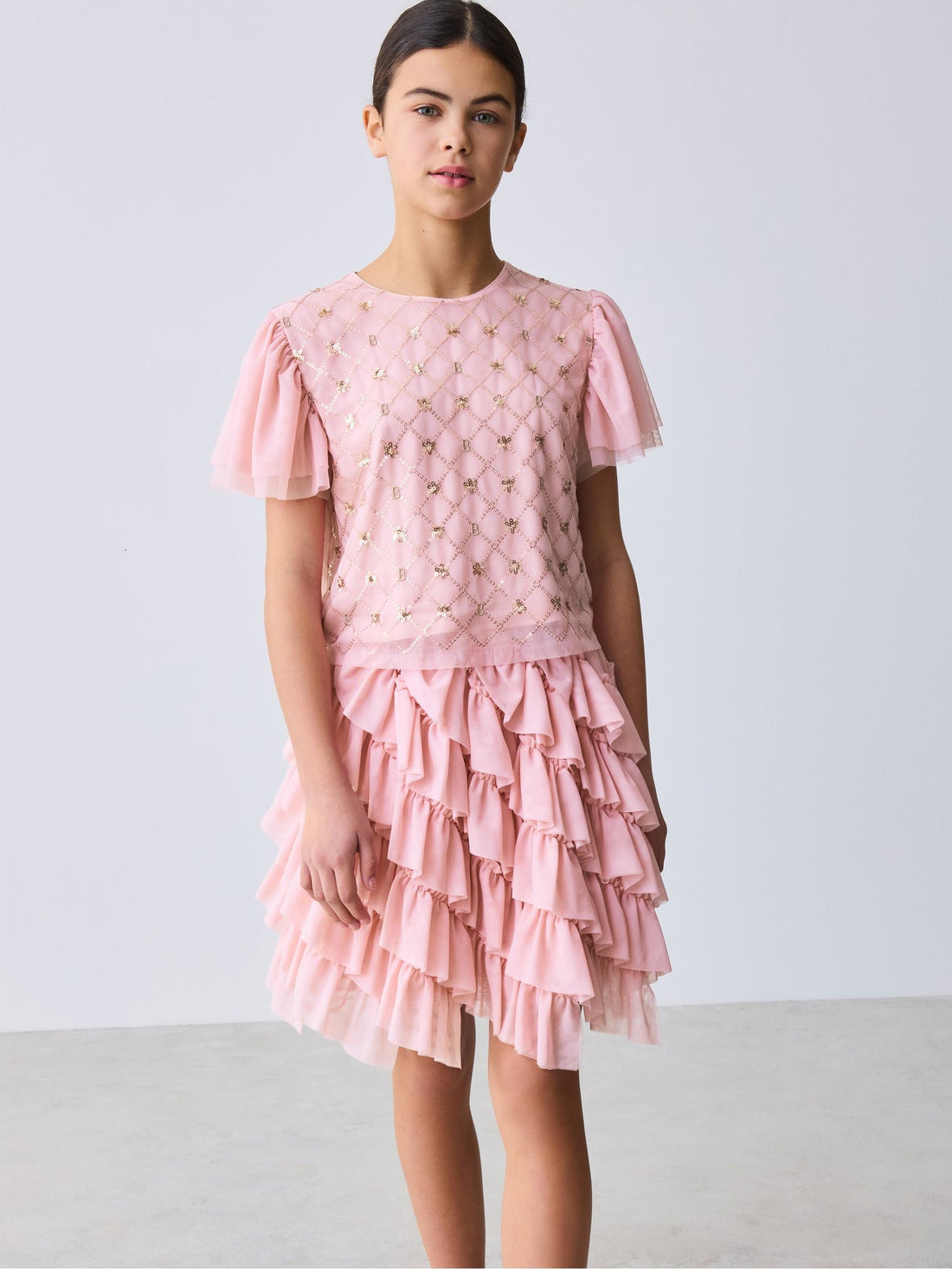 Baker by Ted Baker Pink 2 Piece Sequin Mesh Top & Ruffle Tier Skirt Set