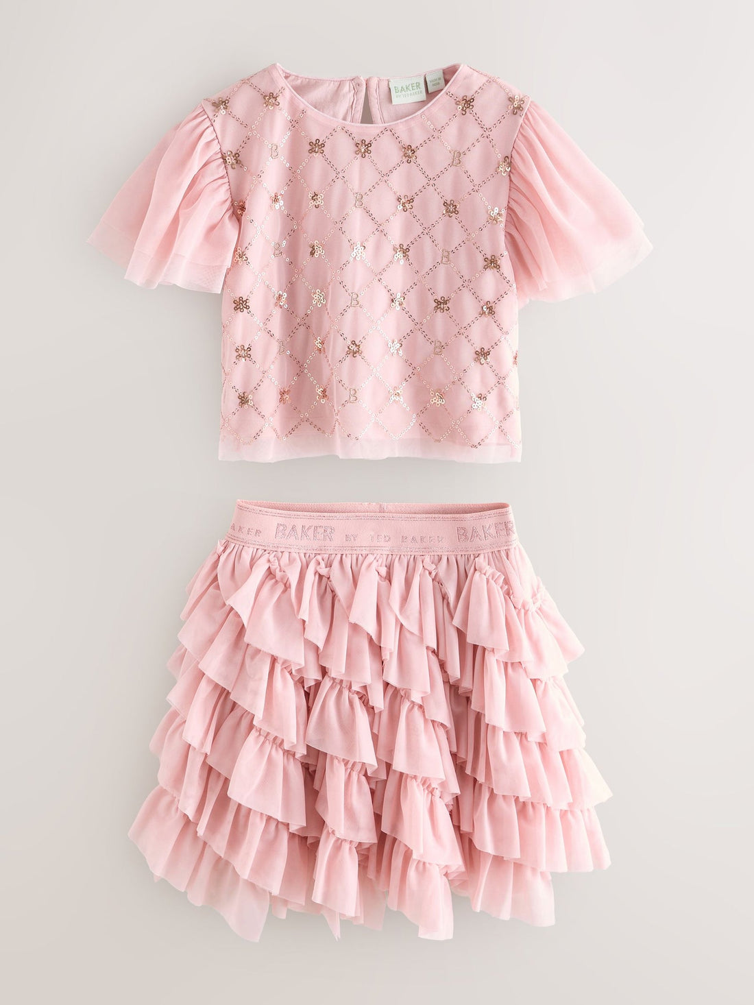 Baker by Ted Baker Pink 2 Piece Sequin Mesh Top & Ruffle Tier Skirt Set