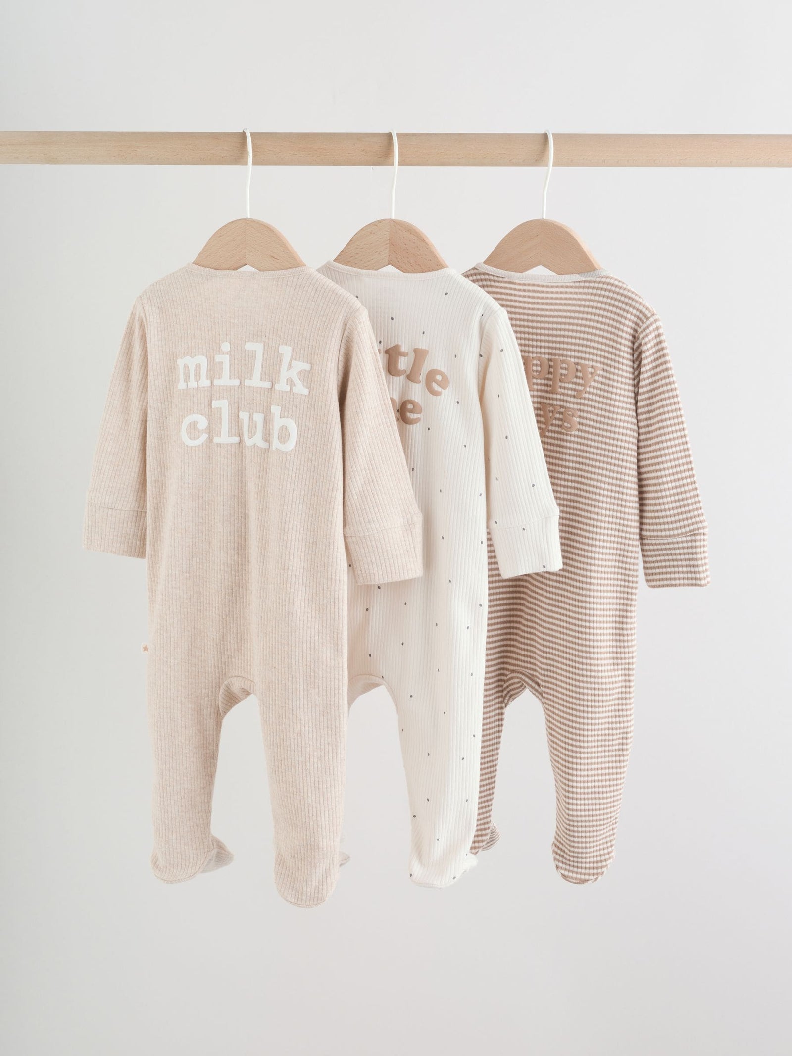 Neutral Milkclub Two Way Zip Baby Sleepsuits 3 Pack