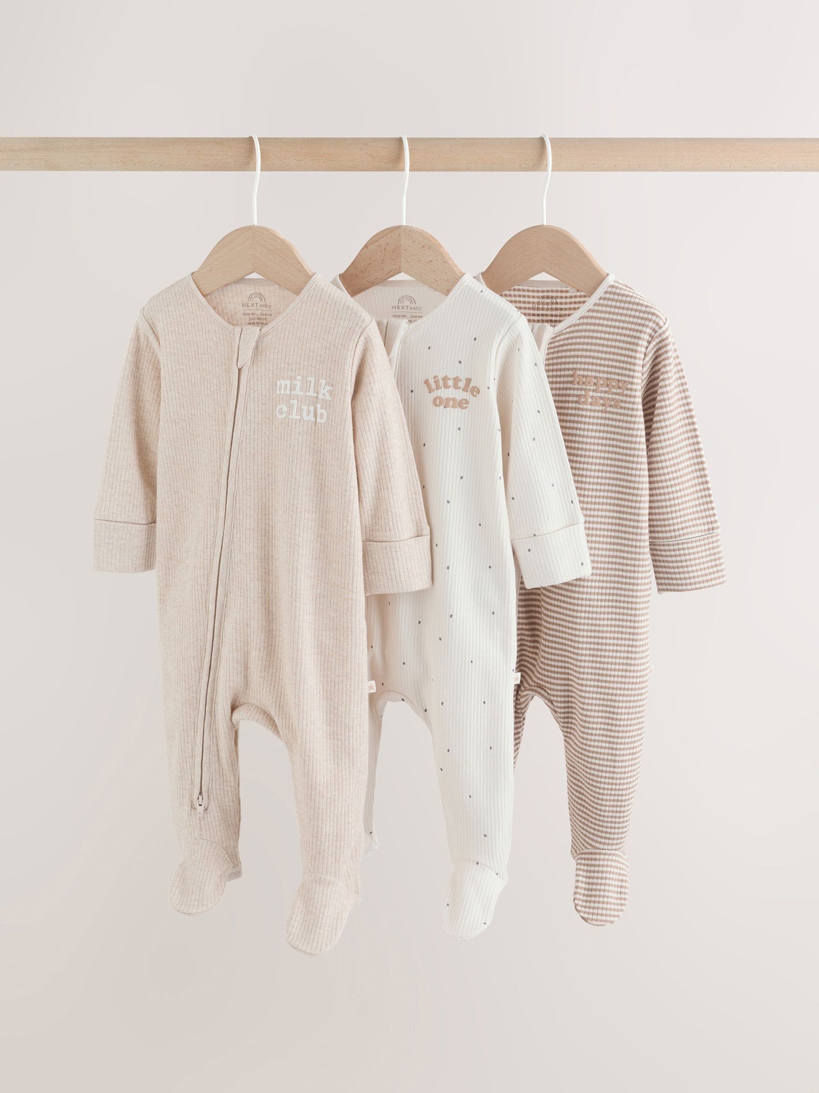 Neutral Milkclub Two Way Zip Baby Sleepsuits 3 Pack