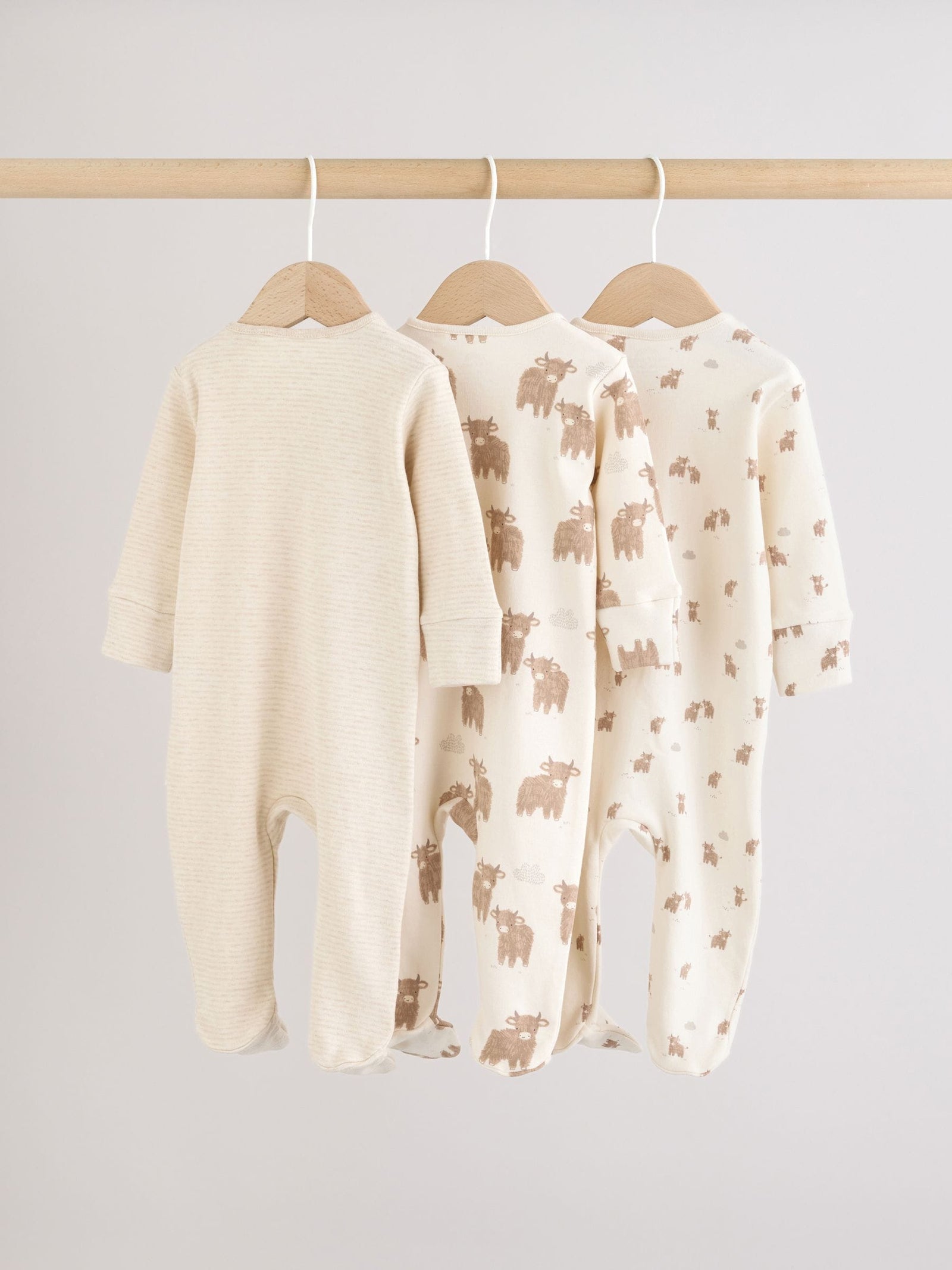 Neutral Hamish Two Way Zip Baby Sleepsuits 3 Pack (0-2yrs)