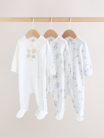 White Safari Baby Sleepsuits 3 Pack (0-2yrs)