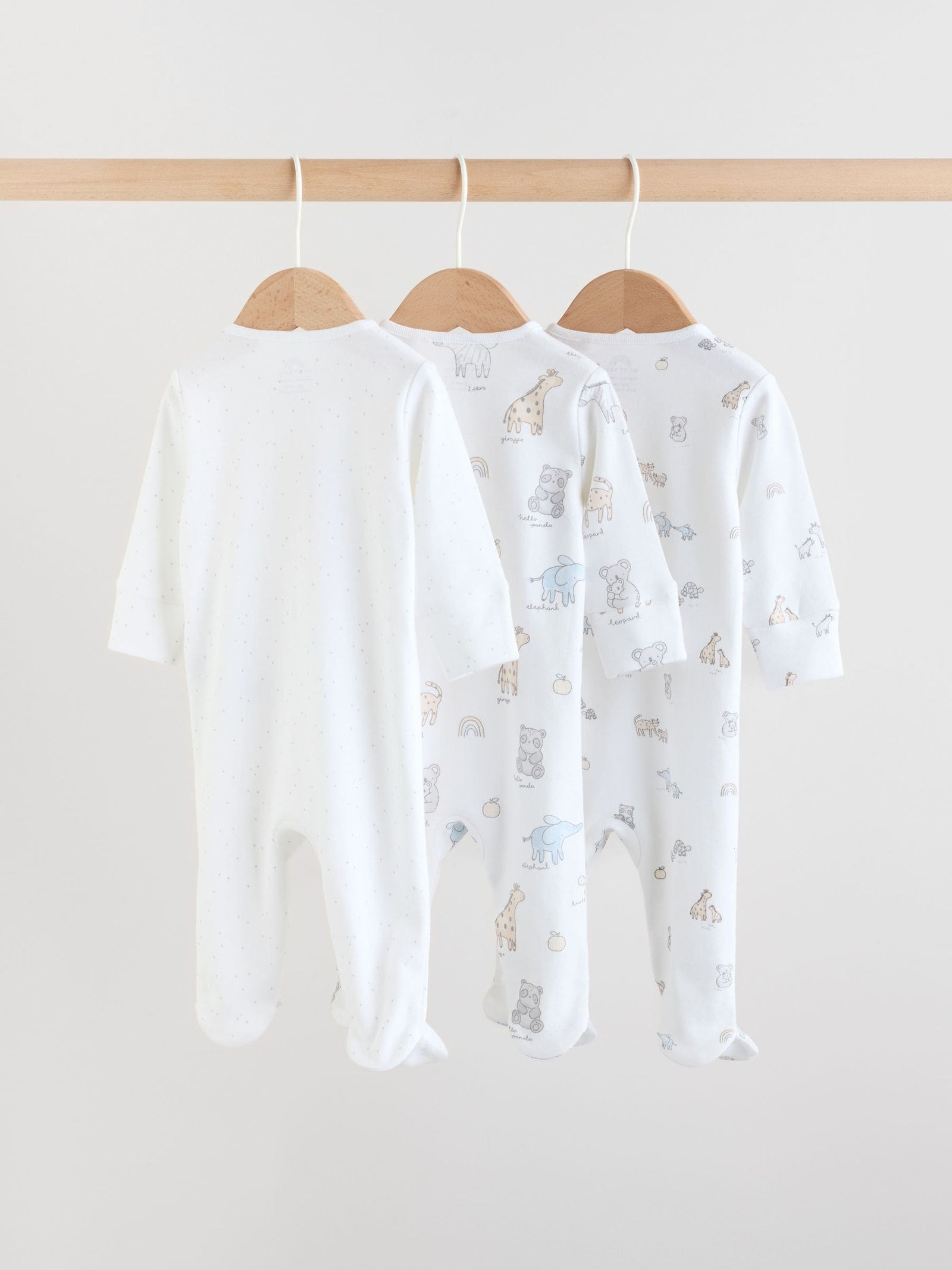 White Safari Baby Sleepsuits 3 Pack (0-2yrs)