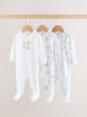 White Safari Baby Sleepsuits 3 Pack (0-2yrs)