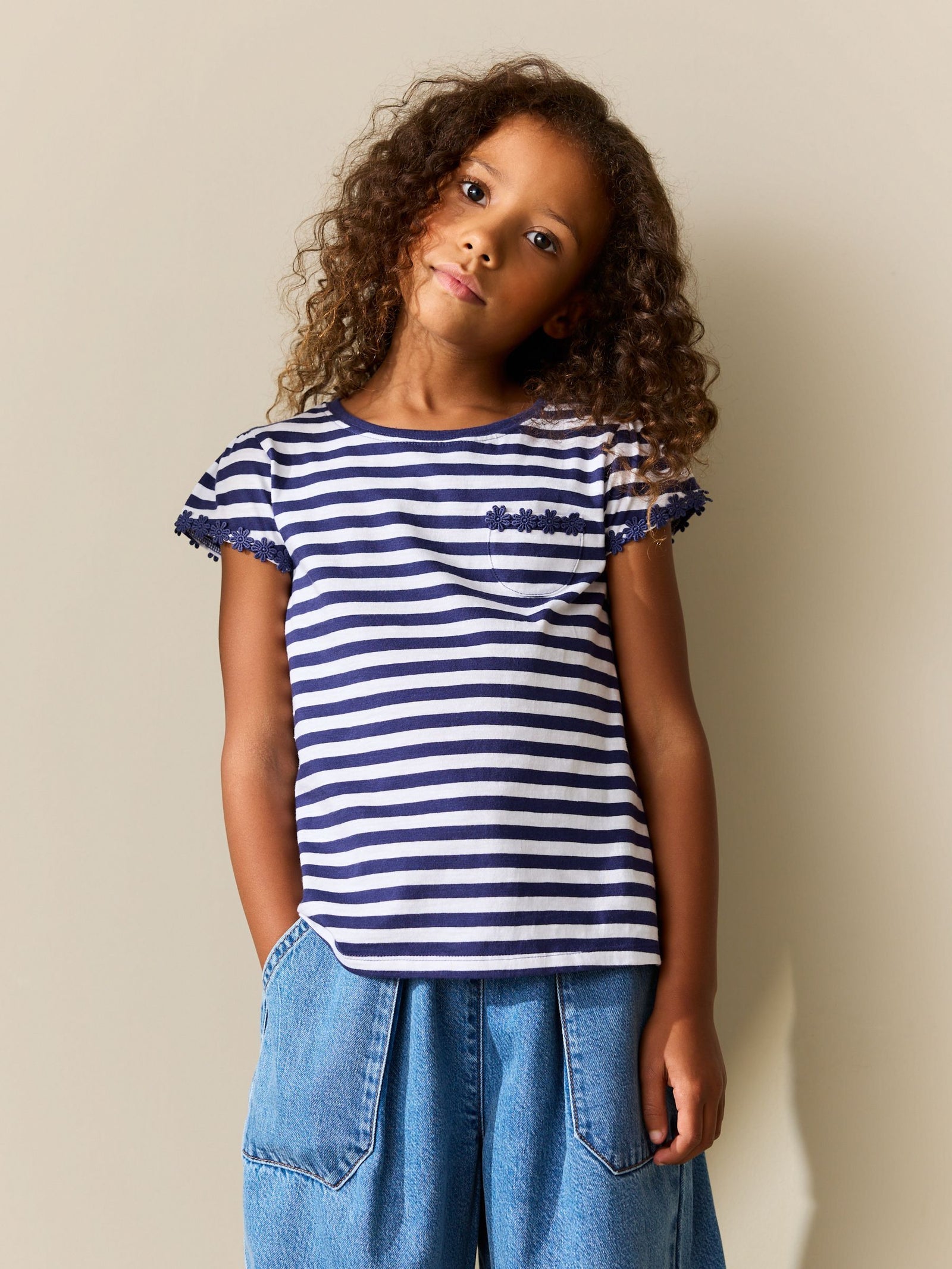 Navy/White Stripe Daisy Pocket T-Shirt (1.5-16yrs)