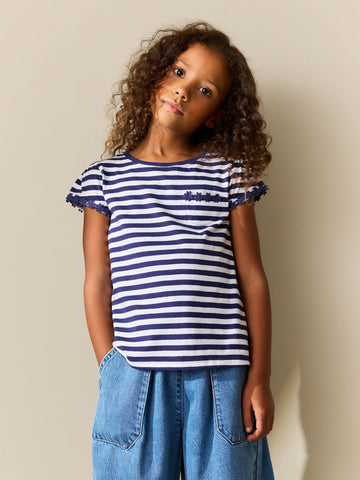 Navy/White Stripe Daisy Pocket T-Shirt (1.5-16yrs)